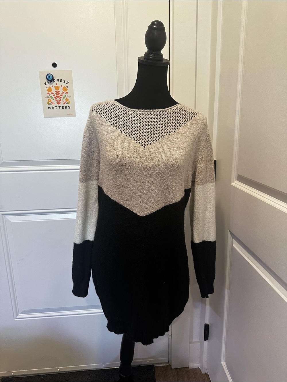SHEIN Beige, White & Black Colorblock Knit Sweater Dress